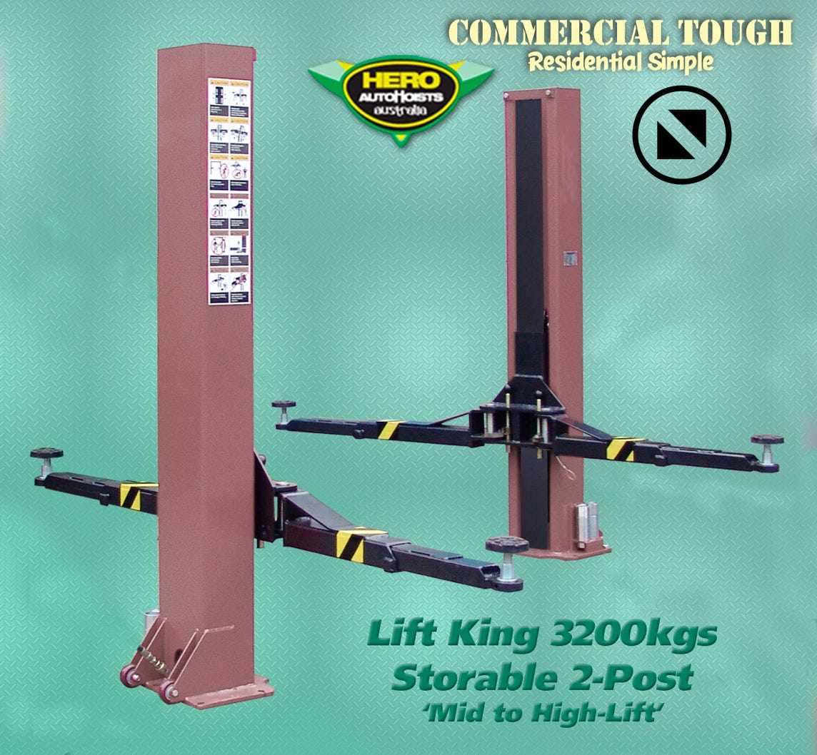 Lift King 2-Post Storable System rated at 3,200Kgs: Mid/High-Lift Design