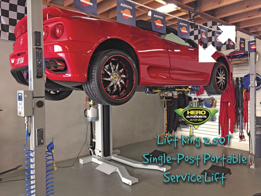 The Lift King Single-Post Portable Service Hoist lifting a Ferrari...
