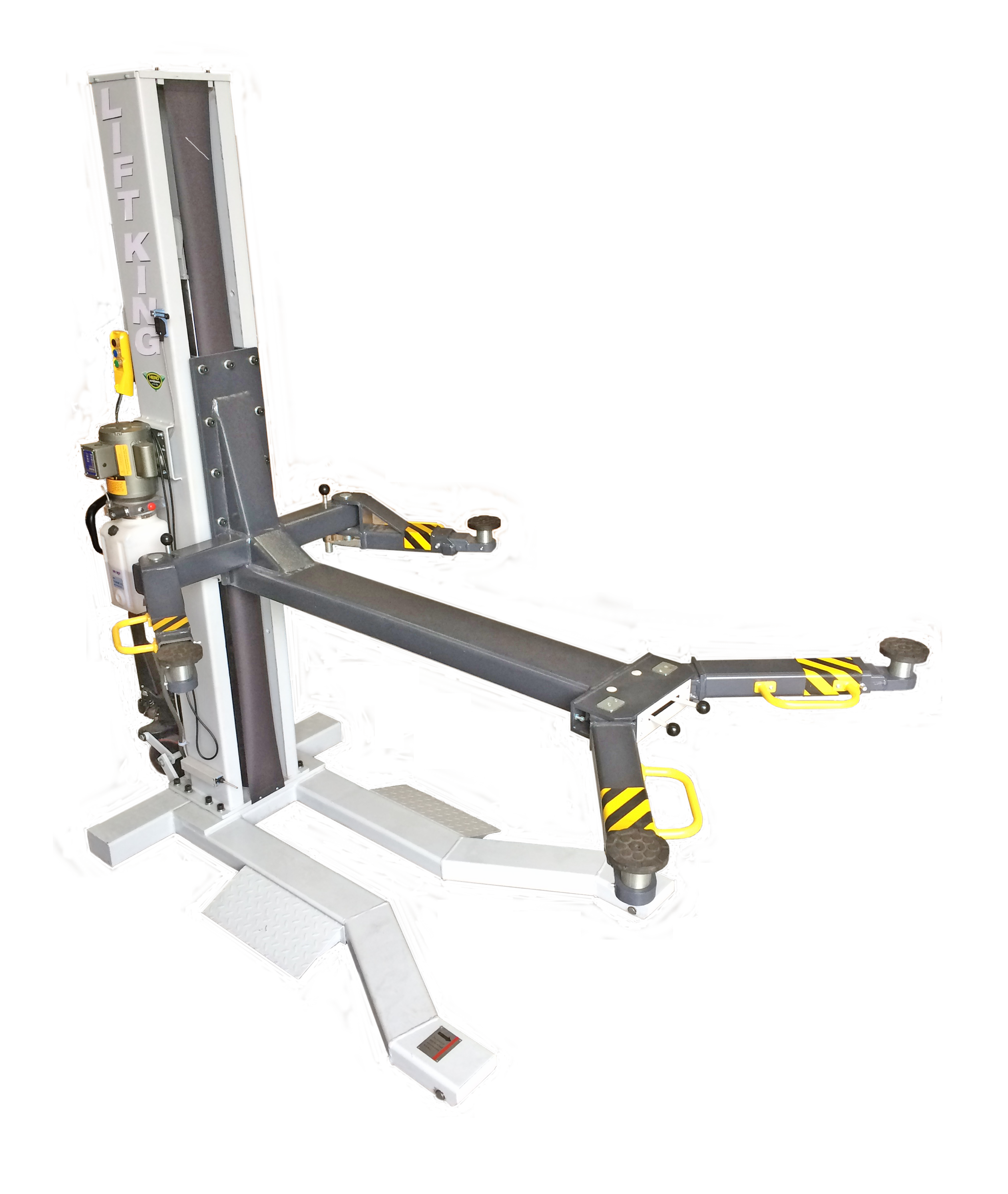 The Lift King 1-Post Portable Service Hoist needs only 1/3rd the space of a 2-Post hoit and is easily moved around your workspace... 