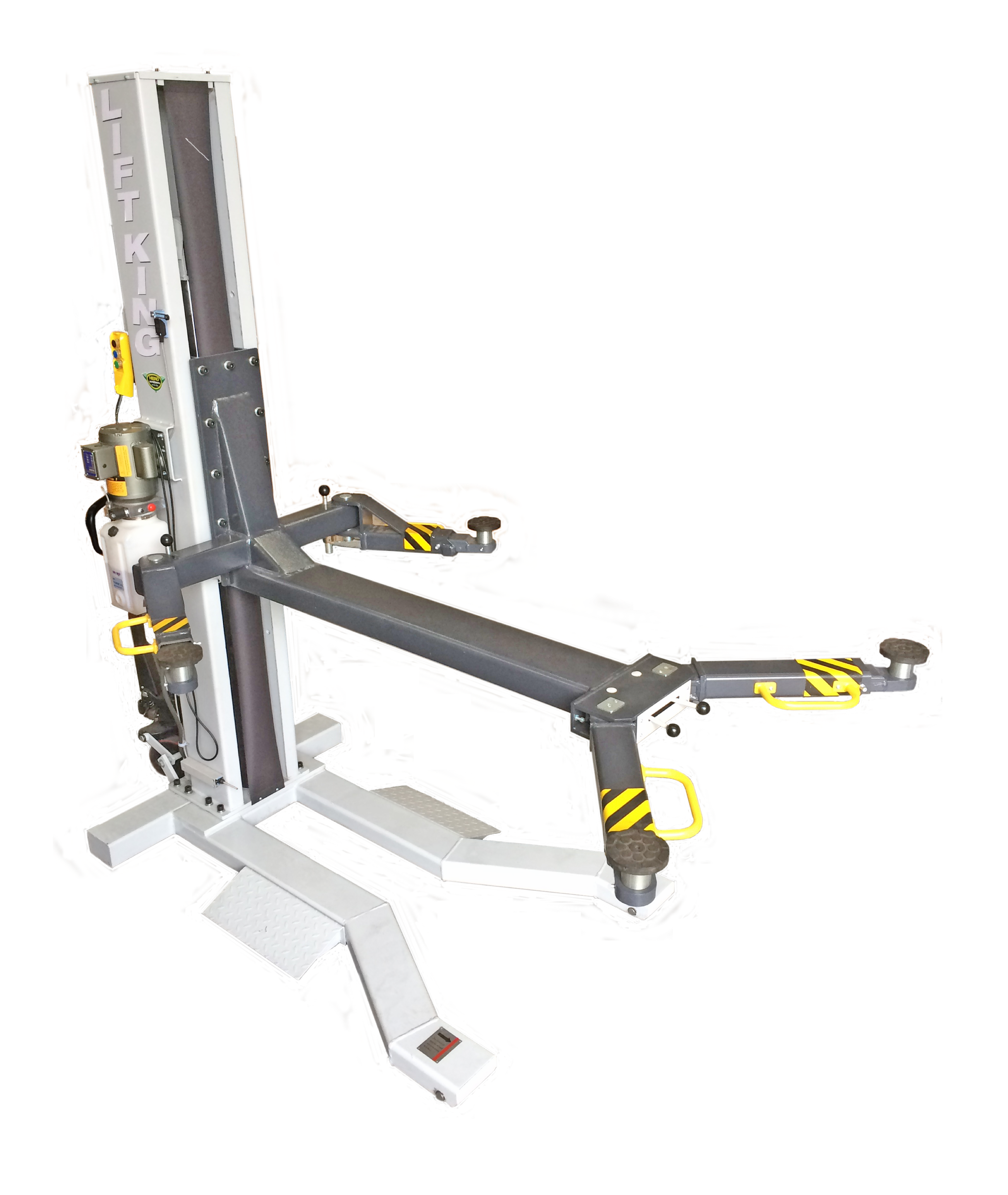 The Lift King 1-Post Portable Service Hoist needs only 1/3rd the space of a 2-Post hoit and is easily moved around your workspace... 