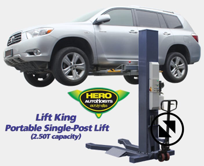 The Lift King Single-Post Portable Service Hoist in action - lifting an SUV weighing over 2000kgs to top-lock...