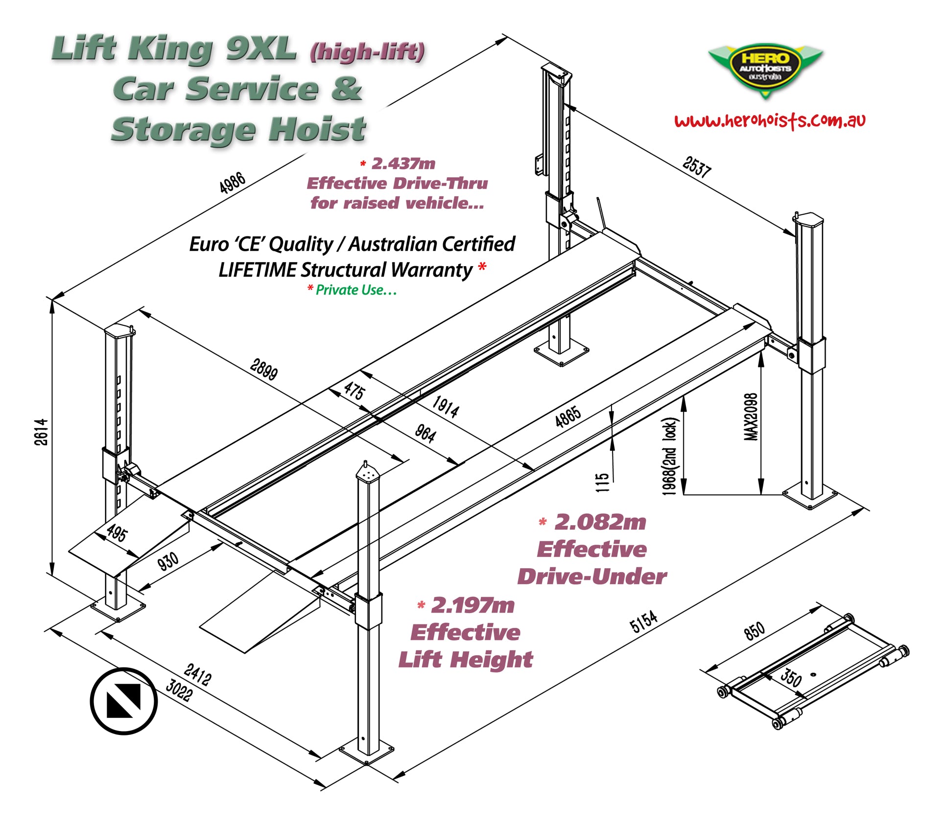 High-Lift model - installs into just 2.870m (approx). 3rd Gen Design. Australian / USA and Euro Certified. 4000kgs Capacity• Box-section ‘Posi-Lock’ Posts  • Sleeved ‘Wrap-around’ Crossbar design • Lightweight Alloy Approach Ramps • Flow-Control Valve • Freestanding / Portable 