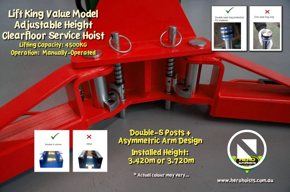 Lift King 10/2-Post 'Value'  Adjustable Height model - instsalls into as little as 3.420m height...