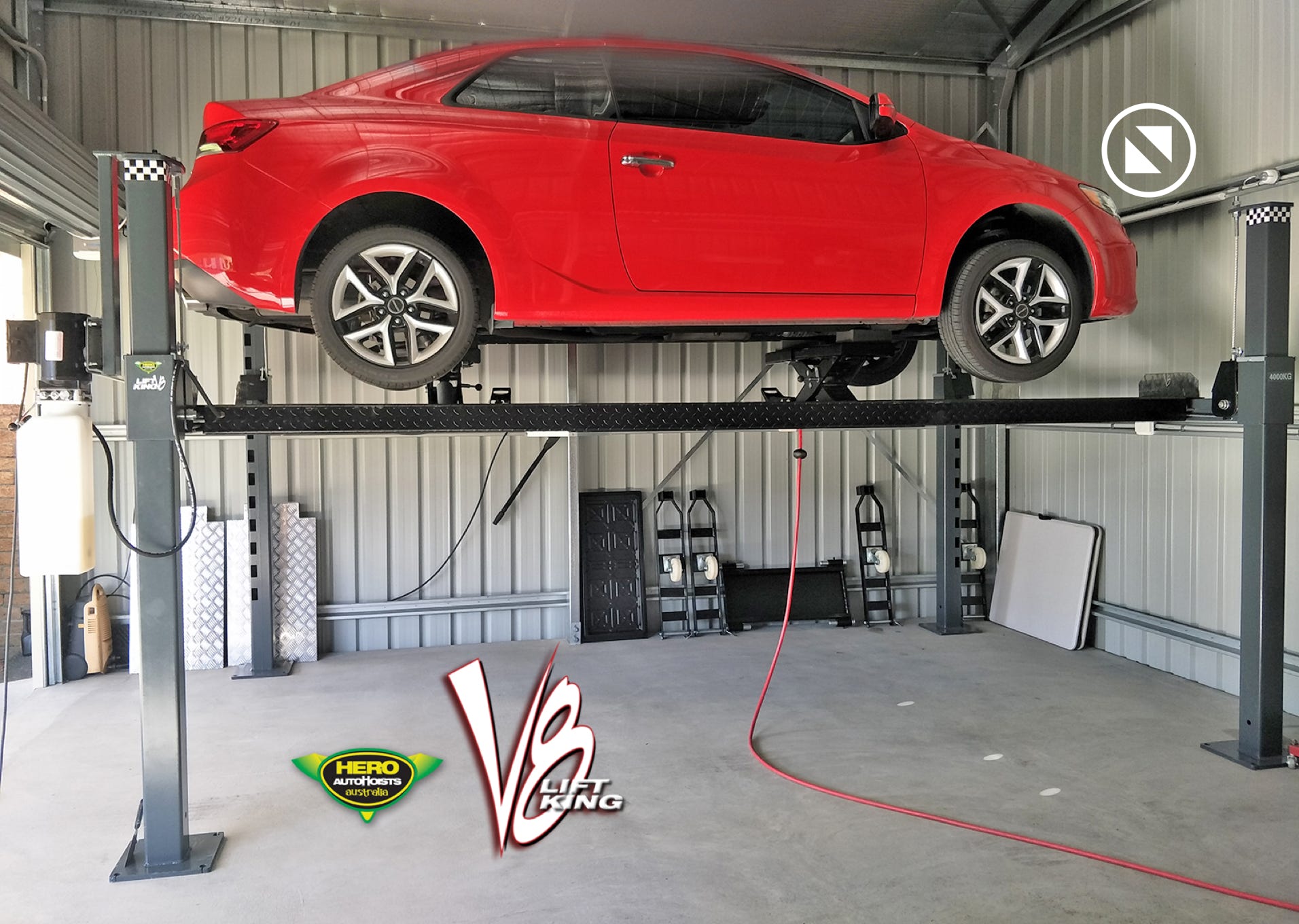 Lift King V8 with 2 Jacking Beams allows easy, safe wheels-free servicing...