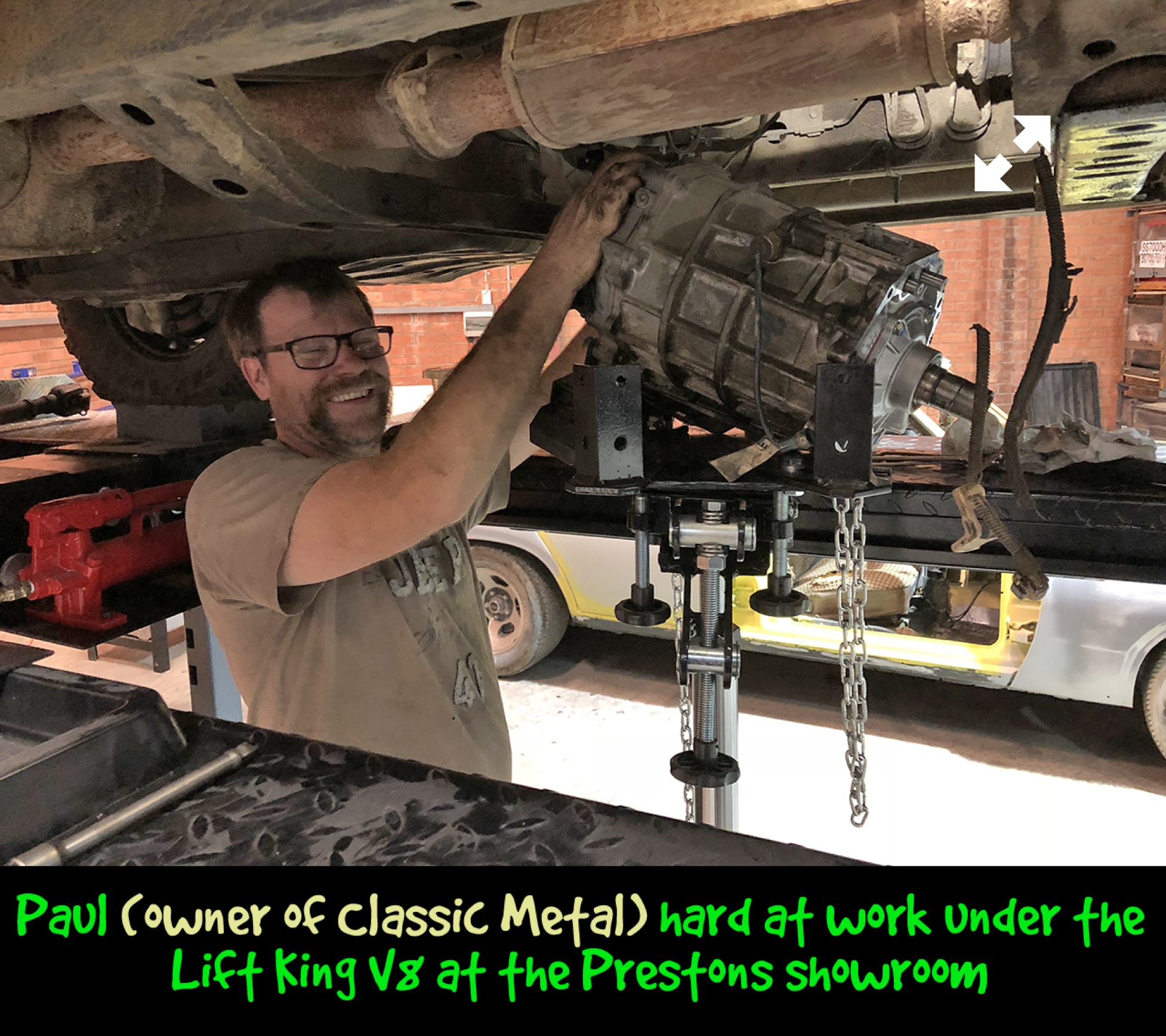 Paul Dunk hard at work... using the Lift King 1.0T Transmission Jack to drop the tranny down safely...