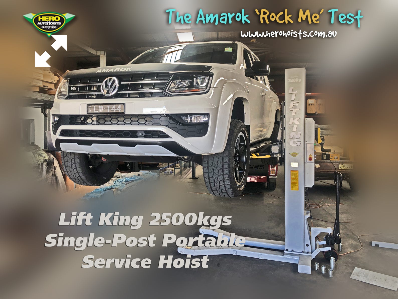 The Lift King Single-Post Portable Service Hoist lifting an Amarok of sapprox 2,200kgs..